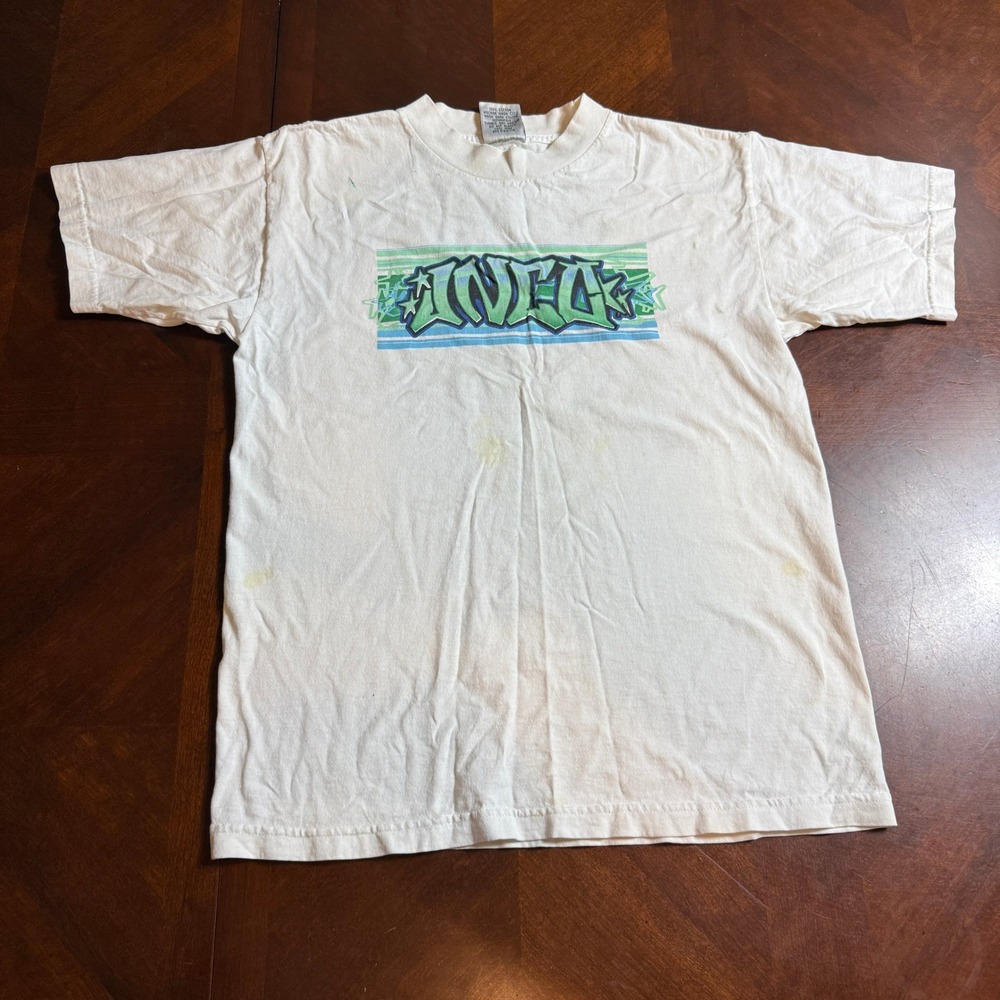 Vintage 90s JNCO Graffiti Spell Out T Shirt XL White Made in USA Flame Head Tee
